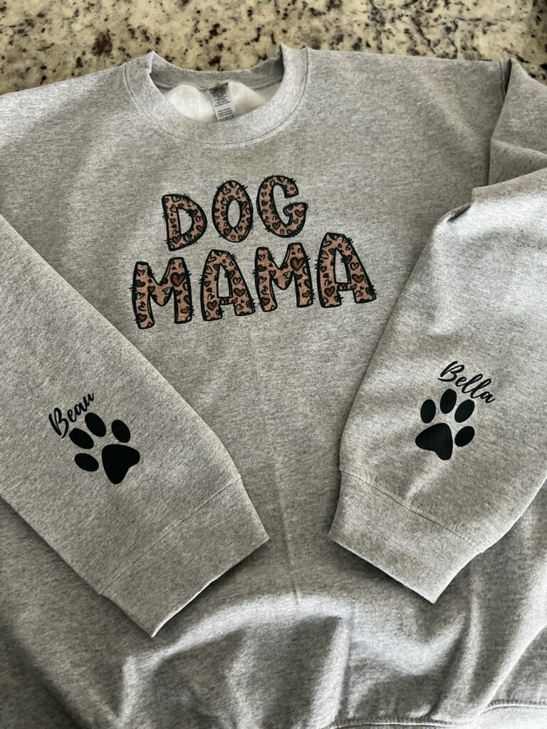 Dog Mama with pet names on sleeves